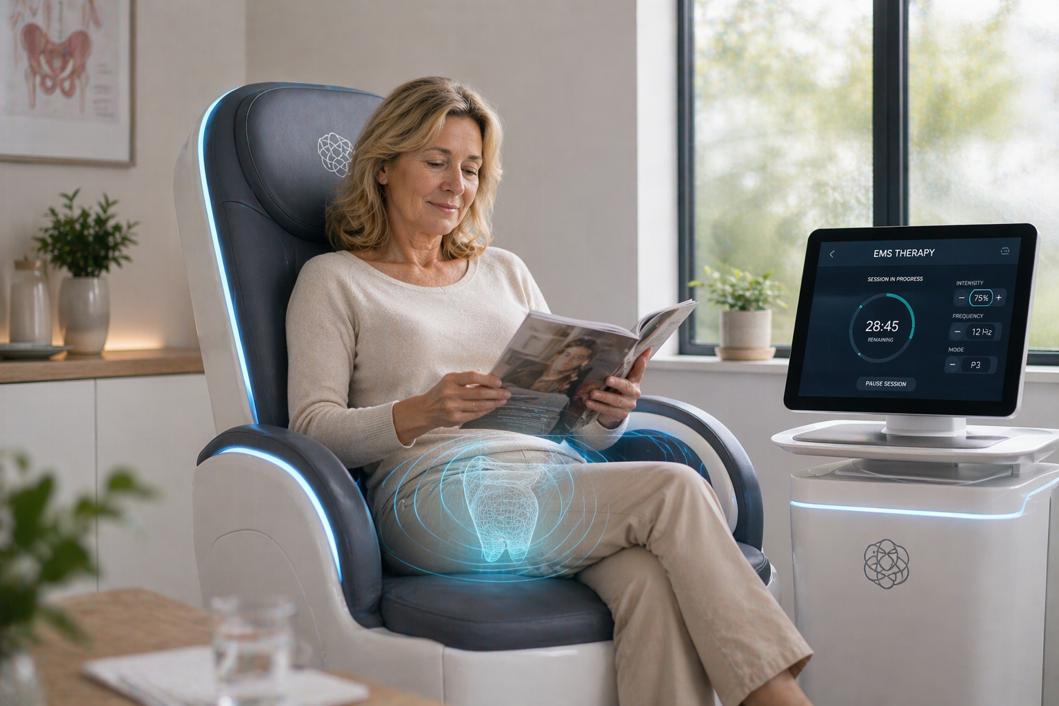A person sitting on an EMS treatment chair, receiving electromagnetic stimulation therapy